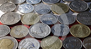 Lined up Bitcoin on Thai Baht coins