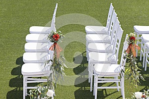 Lined up chairs for the ceremony moment at a wedding or a special event seen from above