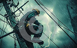 A lineman working on a power pole during a storm