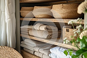 Linen cupboard in bathroom with shelves baskets holding clean towels, closet organizer drawers and assorted toiletries