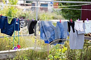 Linen dries on a rope in the open air