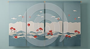 linen fabric noren curtain with serene landscape pattern - generated using ai