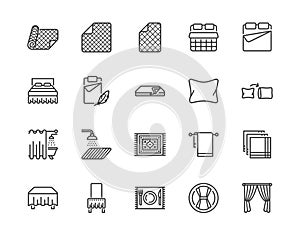 Linen flat line icons set. Bedroom textile blanket, bed mattress cover, pillow, pillowcase, handkerchief, towel vector photo