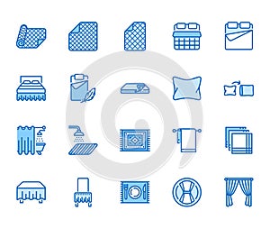 Linen flat line icons set. Bedroom textile blanket, bed mattress cover, pillow, pillowcase, handkerchief, towel vector