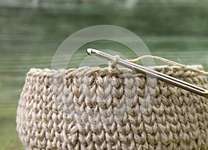 Linen rustic crochet box and crochet hook. Natural crochet textile tutorial pattern. Thick ribbon cotton yarn