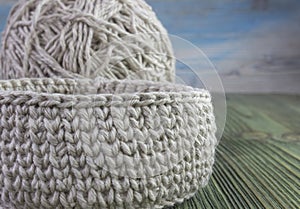 Linen rustic crochet box, yarn ball and crochet hook. Natural crochet textile tutorial pattern. Thick ribbon cotton yarn