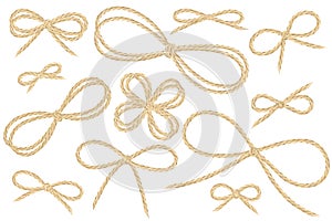 Linen string bow set. Large variety of vector ribbon illustrations from flax twine material.
