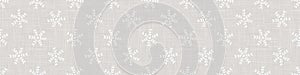 Linen Texture Border Background with White Winter Snowflake. Gray Marl Seamless Pattern. Holiday background Trim. Simple Snowy