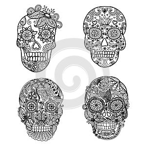 Lines art design of unique floral skulls for adult coloring pages,tattoo, design element for Halloween cards or invitations -