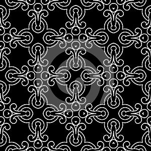 Lines black and white floral seamless pattern. Vector ornamental arabesque background. Repeat monochrome lines flowers backdrop.