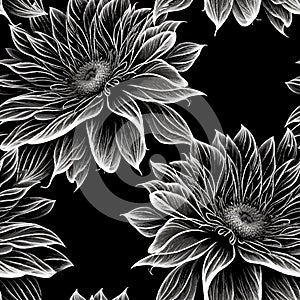 Lines black and white hand drawn flowers seamless pattern. Floral monochrome vector background. Repeat ornamental backdrop.