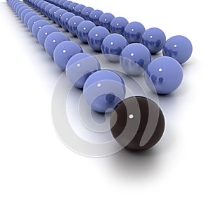 Lines of blue billiard balls and a black one