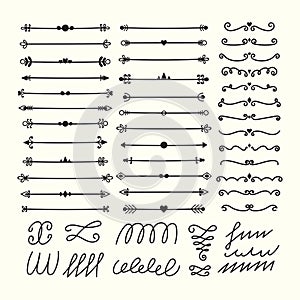 Lines, borders and dividers. Hand drawn calligraphic design elements. Set of decorative symbols in doodle style
