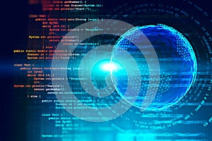 Lines of code and bright blue planet hologram