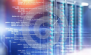 Lines of code over server room background