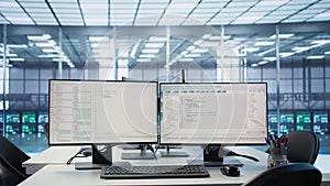 Lines of code running on computer screens in data center