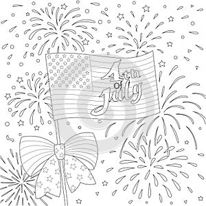 Lines design of American flag with firework, happy 4th of July for design element and coloring book page. Vector