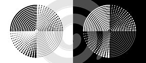 Lines and dots in circle abstract background. Dynamic transition illusion. Black shape on a white background and the same white
