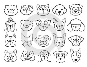 Lines of the faces of various breeds of dogs decorate coloring book for kids