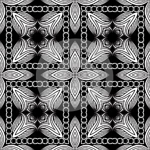 Lines flowers seamless pattern. Vector black and white floral background. Monochrome repeat ornamental backdrop. Line art tracery