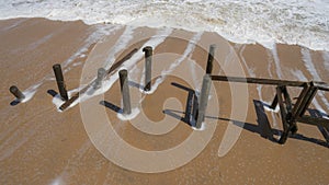 Lines of Foam and Wooden Remains on the Beach