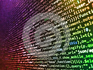 Lines of Html code visible. Binary code digital technology background. Writing program code on computer. Screen of web developing