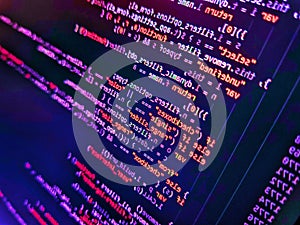 Lines of Html code visible. Computer programming source code. Programming Coding with editor colorful themes. Abstract computer