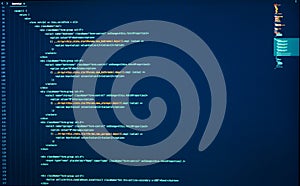 Lines of java coding on computer screen. Source code. Frontend development. React Coding. Script language for software development