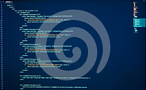 Lines of java coding on computer screen. Source code. Frontend development. React Coding. Script language for software development