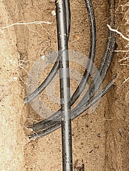 Lines of metallic and fiber optic cables, construction of communication optical network connection