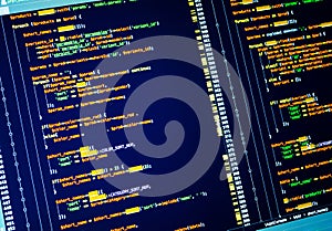 Lines of php code on the screen, close up. Web developing of the site using php language