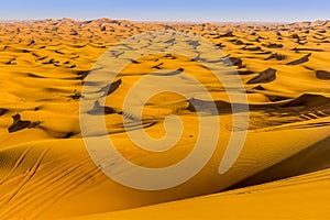 Lines of Seif dunes stretch to the horizon in the Arabian  red desert at Hatta near Dubai, UAE photo