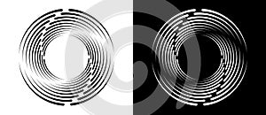 Lines in spiral abstract background. Dynamic transition illusion. Black shape on a white background and the same white shape on