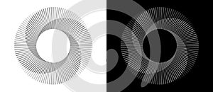 Lines in spiral abstract background. Dynamic transition illusion. Black shape on a white background and the same white shape on