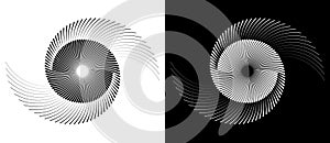 Lines in spiral abstract background. Dynamic transition illusion. Black shape on a white background and the same white shape on