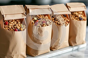 A lineup of bags filled with granola neatly arranged on top of a counter, House-made granola in craft paper bags, AI Generated