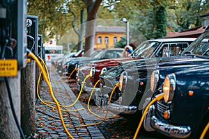 A lineup of classic automobiles parked side by side in an orderly manner, A vintage setting with modern electric vehicles lined up