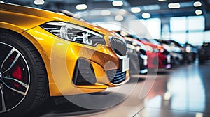 A lineup of colorful luxury cars in a show room, showcasing a prominent yellow car in front with a focus on the
