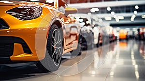 A lineup of colorful luxury cars in a show room, showcasing a prominent yellow car in front with a focus on the