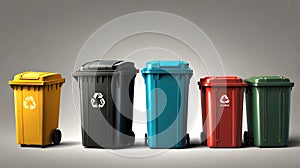 A lineup of colorful recycling bins arranged neatly, emphasizing eco-friendly practices with vibrant colors against a photo