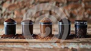 A lineup of different grind sizes labeled for French press pourover and espresso brewing ods showcasing the versatility