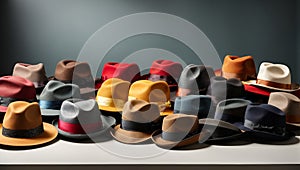 A lineup of different types of hats, from fedoras to beanies, arranged on a clean white table