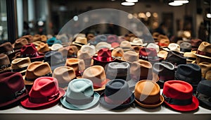 A lineup of different types of hats, from fedoras to beanies, arranged on a clean white table