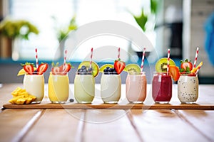 lineup of fruit smoothies with fresh ingredients on top