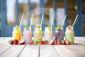 lineup of fruit smoothies with fresh ingredients on top