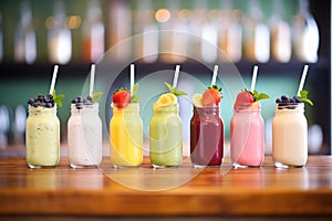 lineup of fruit smoothies with fresh ingredients on top