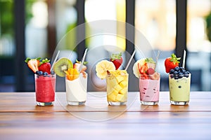 lineup of fruit smoothies with fresh ingredients on top