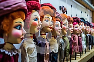 a lineup of fully crafted and costumed marionette puppets ready for display