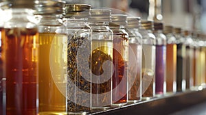 A lineup of glass jars filled with unique flavors such as lavender honey chai e and rosewater cardamom photo