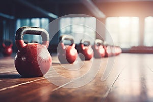 A lineup of kettles placed neatly on a wooden floor, fitness and weightlifting with kettlebell for workout, AI Generated